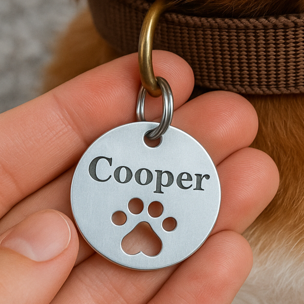 Silver pet tag with 'Cooper' engraved, held in a hand with a blurred background